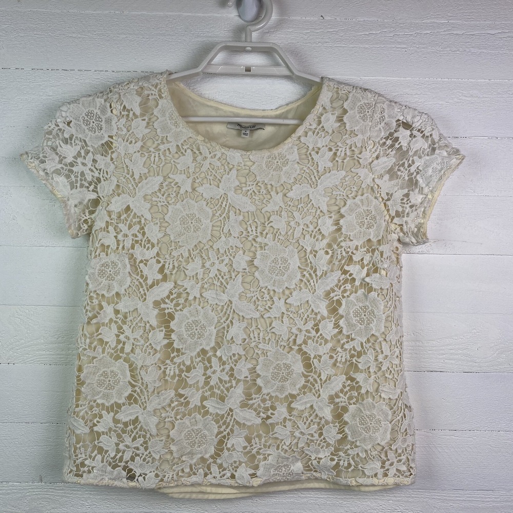 Madewell White Cream Meadowlace Tee Blouse Small Short Sleeve Lined‎ Round Neck